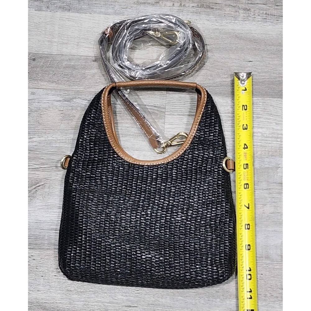 J Jill Straw Leather Trim Small Crossbody Black Top Handle And Detachable Strap - Picture 3 of 9